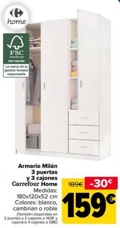 Oferta de Carrefour - Armario Milán 3 puertas y 3 cajones Home por 159€ en Carrefour