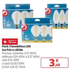 Oferta de Auchan - Pack 3 Bombillas LED Luz Fria O Calida por 3,49€ en Alcampo