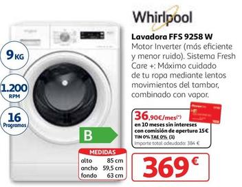 Oferta de Whirlpool - Lavadora Ffs 9258 W por 369€ en Alcampo