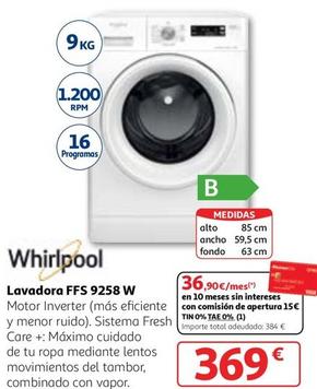 Oferta de Whirlpool - Lavadora FFS 9258 W por 369€ en Alcampo