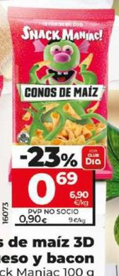 Oferta de Dia Snack Maniac - Conos De Maiz 3D Sabor Queso Y Bacon por 0,69€ en Dia