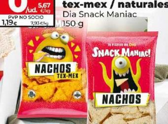 Oferta de Dia Snack Maniac - Nachos Sabor Tex-mex / Naturales por 0,85€ en Dia