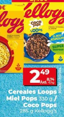 Oferta de Kellogg's - Cereales Loops Miel Pops / Coco Pops por 2,49€ en Dia