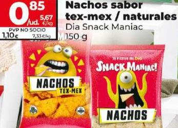 Oferta de Dia Snack Maniac - Nachos Sabor Tex-Mex / Naturales por 0,85€ en Dia