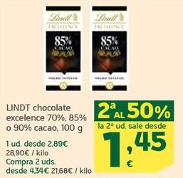 Oferta de Lindt - Chocolate Excelence 70%, 85% O 90% Cacao por 2,89€ en HiperDino