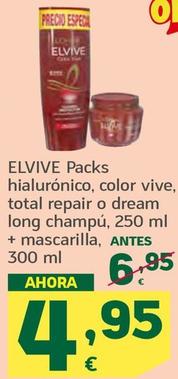 Oferta de Elvive - Packs Hialurónico, Color Vive, Total Repair O Dream Long Champú + Mascarilla por 4,95€ en HiperDino