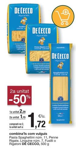 Oferta de De Cecco - Pasta Spaghettini Núm. 11, Penne Rigate, Linguine Núm. 7, Fusilli O Rigatoni por 2,29€ en BonpreuEsclat