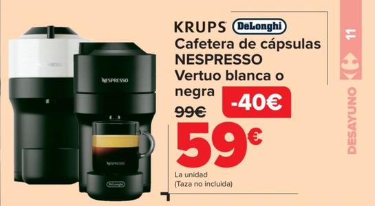Oferta de De'Longhi - Cafetera De Cápsulas Nespresso  Vertuo Blanca o Negra por 59€ en Carrefour