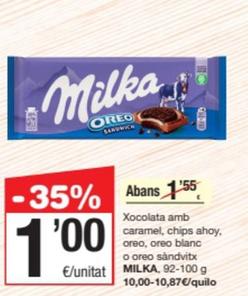 Oferta de Milka - Xocolata Amb Caramel / Chips Ahoy / Oreo / Oreo Blanc / Oreo Sandvitx por 1€ en SPAR Fragadis