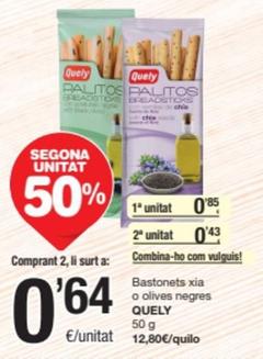 Oferta de Quely - Bastonets Xia / Olives Negres por 0,85€ en SPAR Fragadis