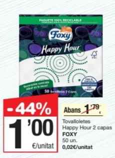 Oferta de Foxy - Tovalloletes Happy Hour 2 Capas por 1€ en SPAR Fragadis