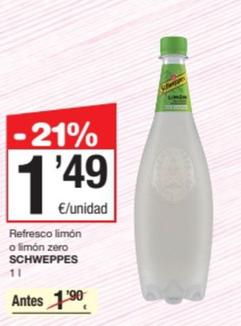 Oferta de Schweppes - Refresco Limón / Limón Zero por 1,49€ en SPAR Fragadis