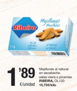 Oferta de Ribeira - Mejillones Al Natural En Escabeche / Salsa Vieira / Picantes por 1,89€ en SPAR Fragadis