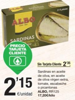Oferta de Albo - Sardinas En Aceite De Oliva / En Aceite De Oliva Virgen Extra / Tomate / Escabeche / Picantonas por 2,35€ en SPAR Fragadis