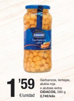 Oferta de Cidacos - Garbanzos / Lentejas / Alubia Roja / Alubias Extra por 1,59€ en SPAR Fragadis