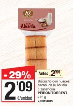 Oferta de Peiron Torrent - Bizcocho Con Nueces / Cacao / De La Abuela / Zanahoria por 2,09€ en SPAR Fragadis