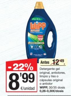 Oferta de Wipp Express - Detergente Gel Original / Antiolores / Limpio Y Liso / Cápsulas Original / Antiolor por 8,99€ en SPAR Fragadis