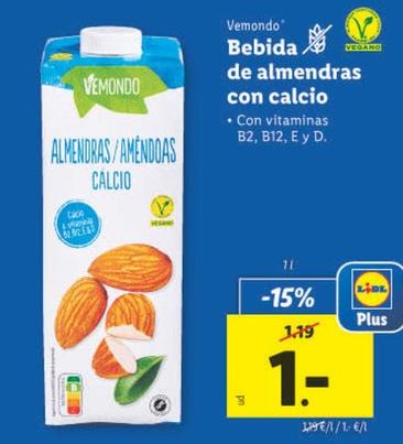Oferta de Vemondo - Bebida De Almendras Con Catcio por 1€ en Lidl