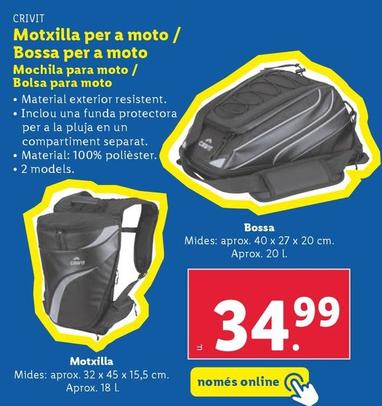 Oferta de Crivit - Mochila Para Moto / Bolsa Para Moto por 34,99€ en Lidl