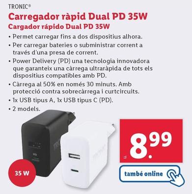 Oferta de Tronic - Cargador Rapido Dual PD 35W por 9,99€ en Lidl