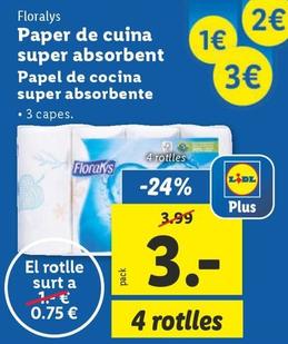 Oferta de Floralys - Papel De Cocina Super Absorbente por 3€ en Lidl
