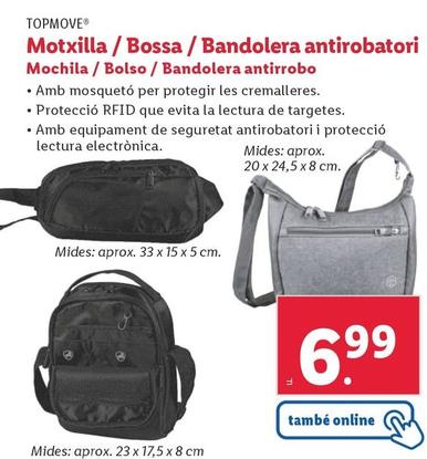 Oferta de Top Move - Mochila / Bolso / Bandolera Antirrobo por 6,99€ en Lidl