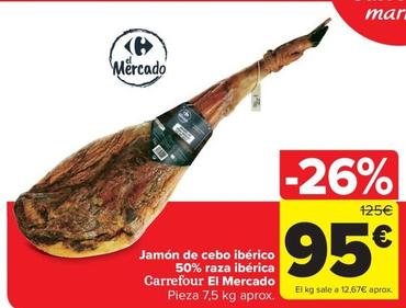 Oferta de Carrefour - Jamón De Cebo Ibérico 50% Raza Ibérica por 95€ en Carrefour Market
