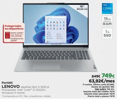 Oferta de Lenovo - Portátil Ideapad Slim 5 16IRL8 por 749€ en El Corte Inglés
