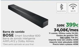 Oferta de Bose - Barra De Sonido Smart Soundbar 600 por 399€ en El Corte Inglés