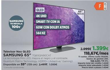 Oferta de Samsung - Televisor Neo QLed 65" TQ65QN90CAT por 1399€ en El Corte Inglés