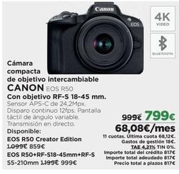 Oferta de Canon - Cámara Compacta De Objetivo Intercambiable EOS R50 por 799€ en El Corte Inglés