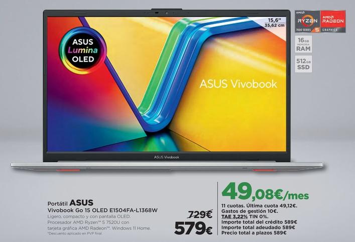 Oferta de Asus - Portátil Vivobook Go 15 OLED E1504FA-L1368W por 579€ en El Corte Inglés