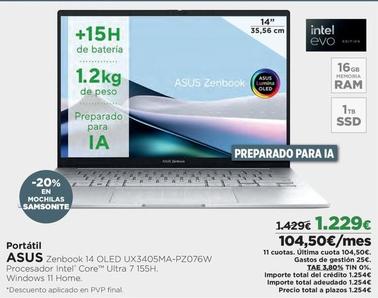 Oferta de Asus - Portátil Zenbook 14 OLED UX3405MA-PZ076W por 1229€ en El Corte Inglés