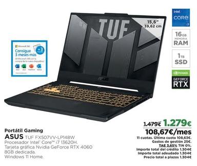 Oferta de Asus - Portátil Gaming TUF FX507VV-LP148W por 1279€ en El Corte Inglés