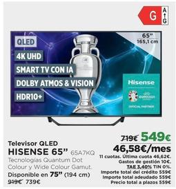 Oferta de Hisense - Televisor QLed 65" 65A7KQ por 549€ en El Corte Inglés