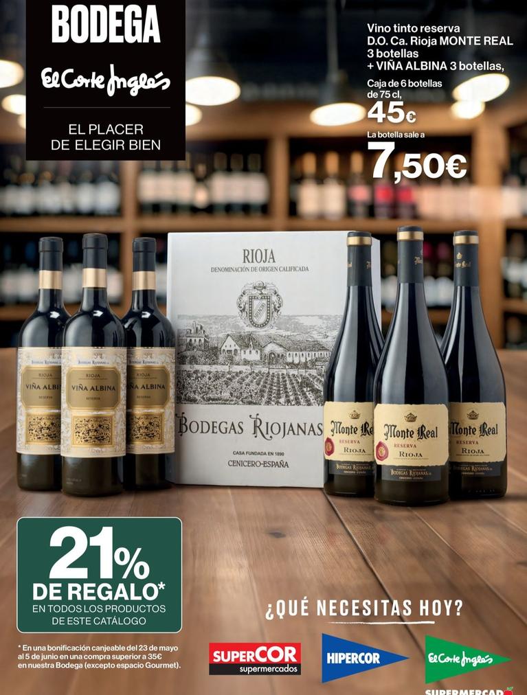 Oferta de Viña Albina + Monte Real - Vino Tinto Reserva D.o. Ca. Rioja por 7,5€ en El Corte Inglés