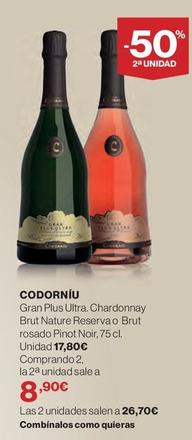 Oferta de Codorniu - Gran Plus Ultra. Chardonnay Brut Nature Reserva O Brut Rosado Pinot Noir, por 17,8€ en El Corte Inglés