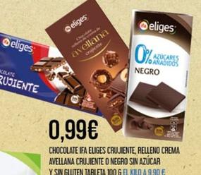 Oferta de Ifa Eliges - Chocolate Crujiente Relleno Crema Avellana Crujiente o Negro Sin Azucar por 0,99€ en Claudio