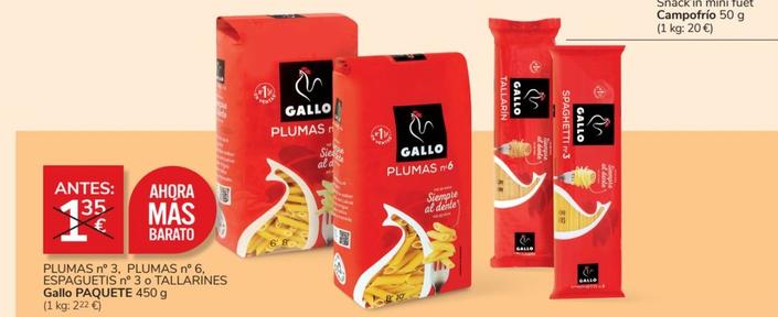 Oferta de Gallo - Plumas N° 3, Plumas N° 6, Espaguetis N° 3 O Tallarines por 1€ en Consum