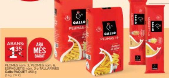Oferta de Gallo - Plomes Núm. 3, Plomes Núm. 6 Espaguetis Núm. 3o Tallarines por 1€ en Consum