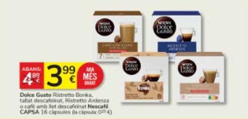 Oferta de Nescafé - Dolce Gusto Ristretto Bonka / Tallat Descafeinat / Ristretto Ardenza / Cafè Amb Llet Descafeinat por 3,99€ en Consum