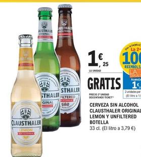 Oferta de Clausthaler - Cerveza Sin Alcohol Original, Lemon Y Unfiltered por 1,25€ en E.Leclerc