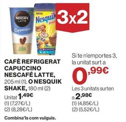Oferta de Nestlé - Cafe Refrigerat Capuccino Nescafe Latte o Nesquik por 1,49€ en Supercor Exprés