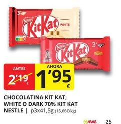 Oferta de Nestlé - Chocolatina Kit Kat, White O Dark 70% Kit Kat por 1,95€ en Supermercados MAS