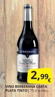 Oferta de Berberana - Vino Carta Plata Tinto  por 2,99€ en Supermercados MAS