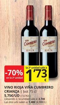 Oferta de Viña Cumbrero - Vino Rioja Crianza por 5,75€ en Supermercados MAS