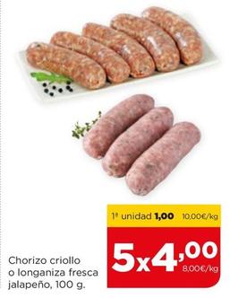 Oferta de Chorizo Criollo O Longaniza Fresca Jalapeño por 1€ en Alimerka