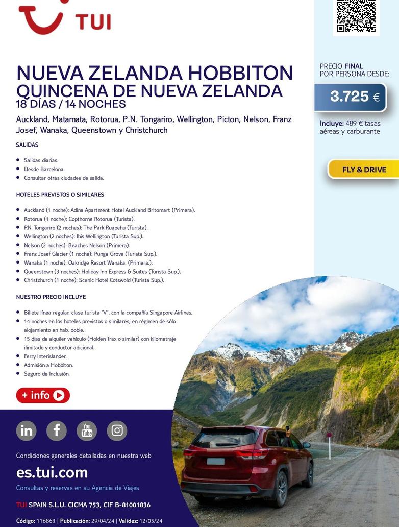 Oferta de Viajes a Nueva Zelanda por 3725€ en Tui Travel PLC