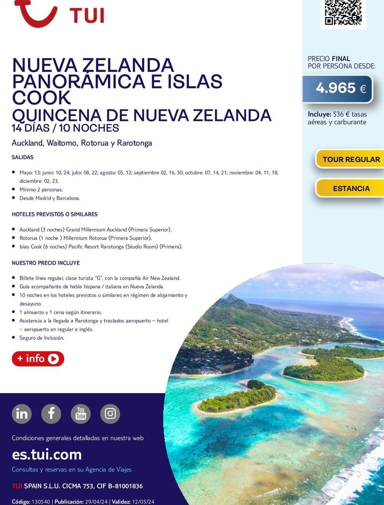 Oferta de Viajes a Nueva Zelanda por 4965€ en Tui Travel PLC