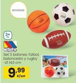 Oferta de Molto - Set 3 Balones: Fútbol, Baloncesto Y Rugby por 9,99€ en Eroski